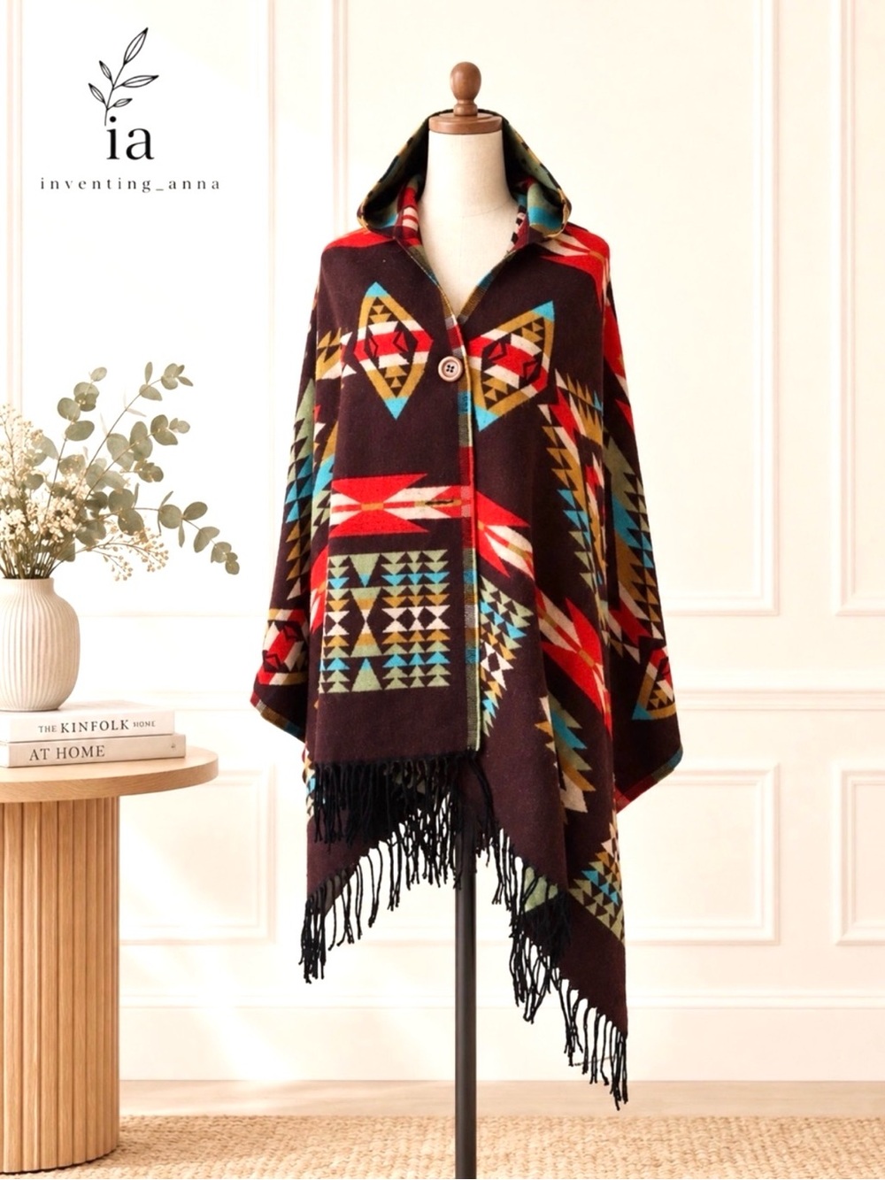 Colorful Geometric Patterned Western Button Up Poncho w/Hoodie and Fringes